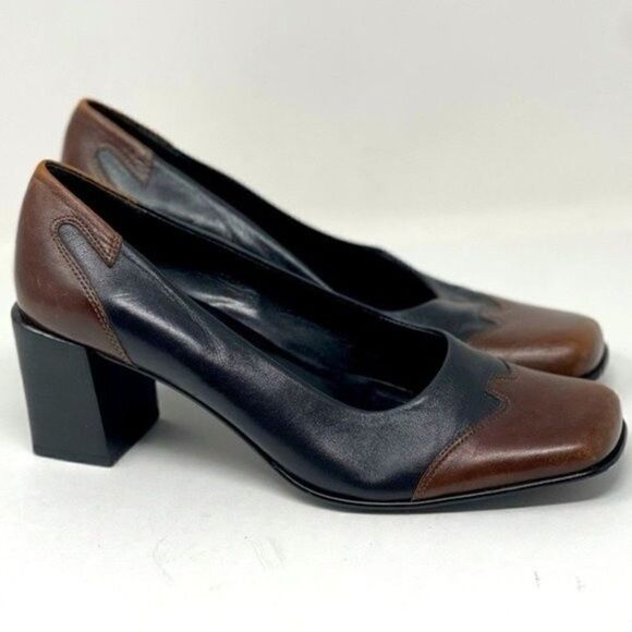 Etienne Aigner Gaze leather heels 7.5M BoxN  color block black brown square toe - Picture 1 of 8
